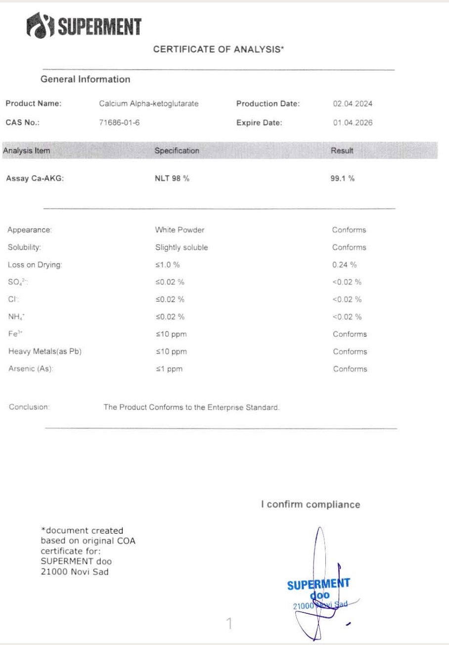 CaAKG lab tested certifikat CoA