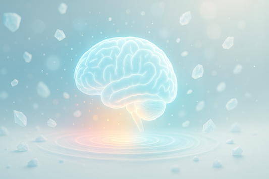 Vizuelni prikaz benefita Magnezijuma L-treonata – svetleći mozak od čestica koji simbolizuje bolji fokus, miran san i zaštitu mozga, u modernom i čistom naučnom okruženju.