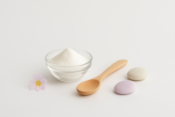 Mio-inozitol prah u staklenoj činiji sa drvenom kašičicom, simbol mira i ravnoteže.