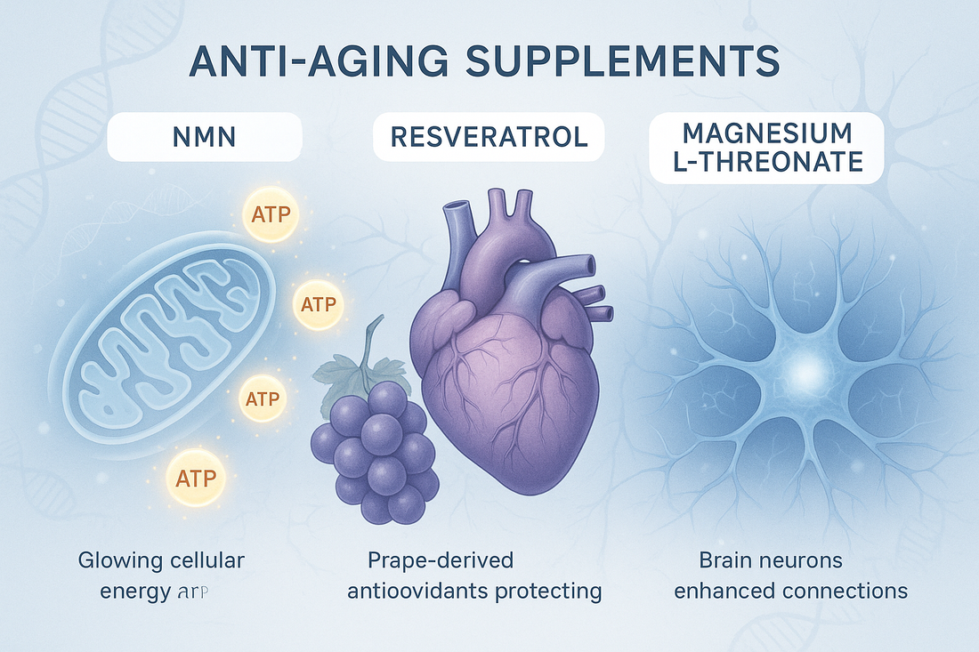NMN Resveratrol and Magensium Magnezijum L-treonat kako sinergetski pomaže u kocenju starenja na slici je srce mitohondrija i groždje kao simbol dugovečnosti 