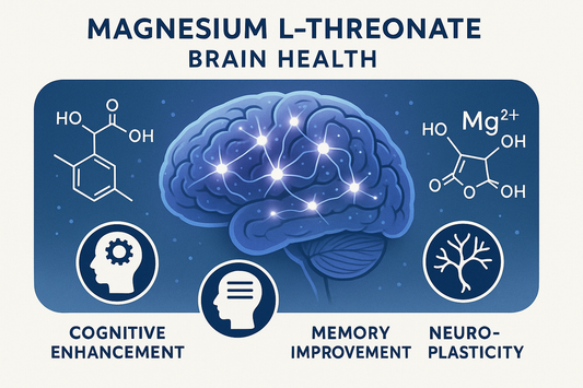 Na ovoj slici je prikazan molekul magnezijum treonata i benefiti koje on ima na naš mozak kao što su podrška kognitivnom potencijalu, poboljšanju memorije i neuroplastičnosti našeg mozga.