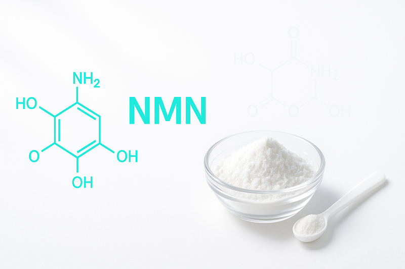 Na slici je NMN beli prah u posudi i NMN beli prah u beloj kasicici, sa slovima NMN i hemijskim crtezom NMN molekula na beloj pozadini