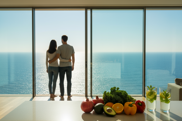 David Sinclair i njegova supruga stoje na prozoru i gledaju prema okeanu. Na stolu su voce i povrce kao i dve case sa vodom i limunom.