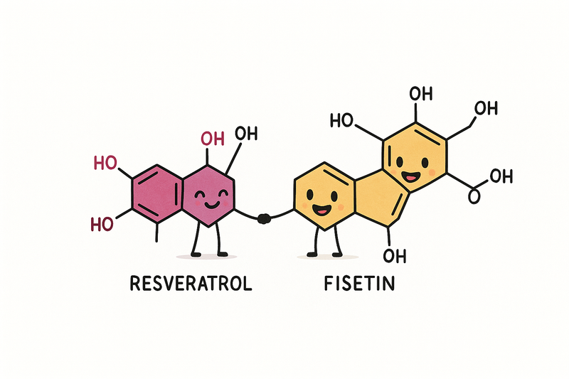 resveratrol i fisetin su dva prirodna polifenola koja se istražuju zbog sposobnosti da utiču na proces starenja, posebno preko tzv. senescentnih ćelija – ćelija koje više ne mogu da se dele, ali i dalje luče upalne molekule i oštećuju okolno tkivo.