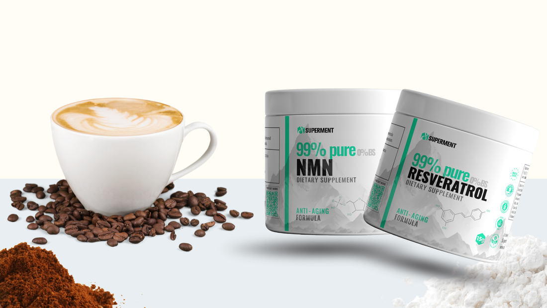 Vizuelni prikaz kontrasta između soljice kafe i Superment NMN i Resveratrol suplemenata – simbolična poruka o izboru između kratkotrajnog užitka i ulaganja u dugovečnost.