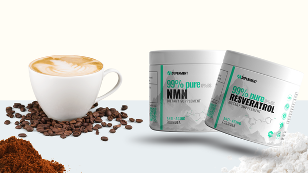 Vizuelni prikaz kontrasta između soljice kafe i Superment NMN i Resveratrol suplemenata – simbolična poruka o izboru između kratkotrajnog užitka i ulaganja u dugovečnost.