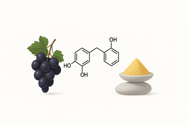 Slika prenosi poruku „znanje donosi ravnotežu“ — resveratrol nije opasan, već moćan kada se koristi s merom. Grožđe = priroda, Molekul = nauka, prah na kamenu = balans