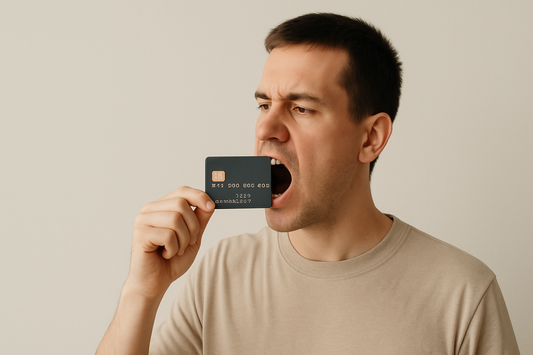 Čovek jede plastičnu karticu kao simbol da na svakih mesec dana pojedemo plastike u količini kao kreditna kartica.