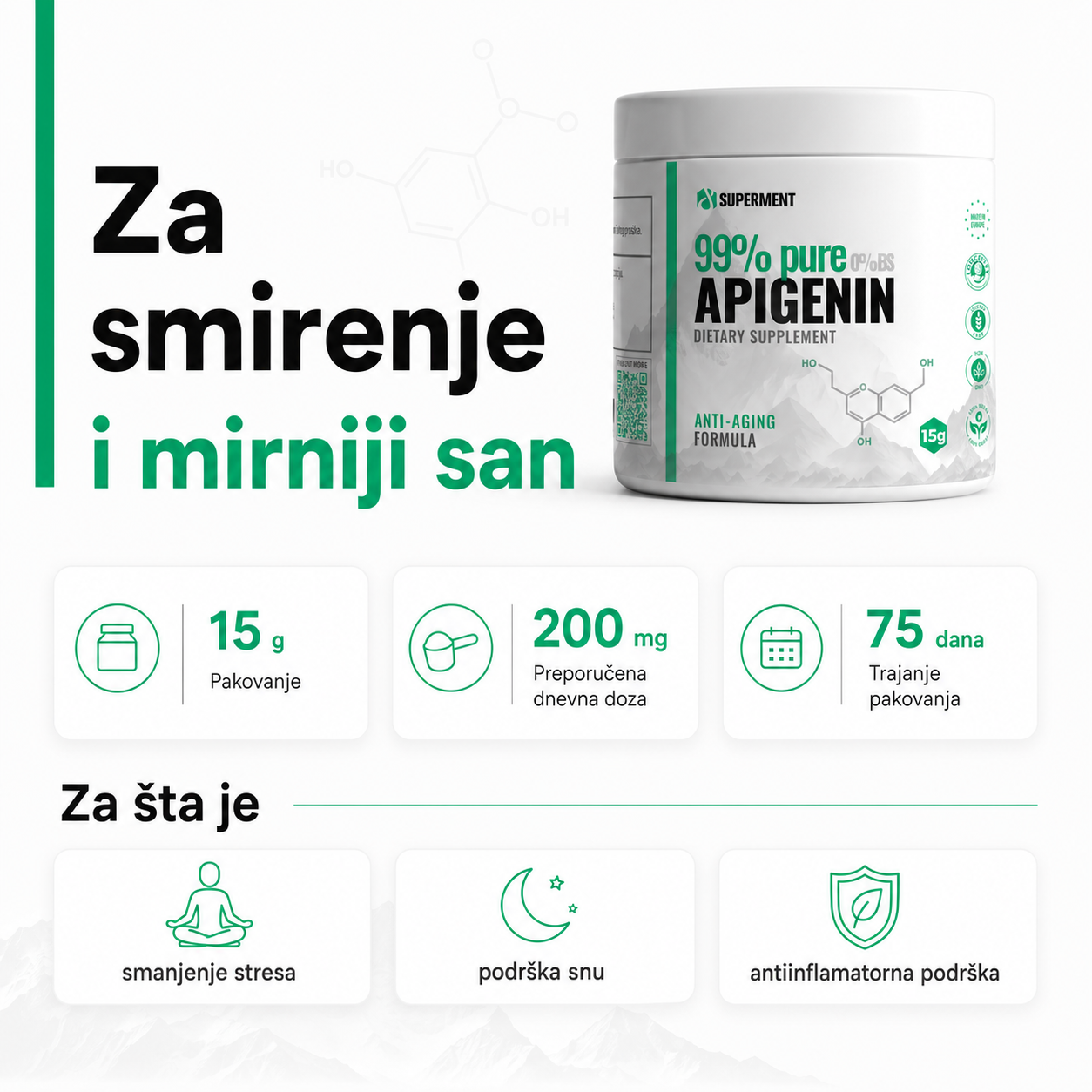 Infografika na kojoj je prikazana teglica apigenina i osnovne informacije kao sto su koliko ima kapsula, doziranje, koliko dana traje i za sta se koristi.