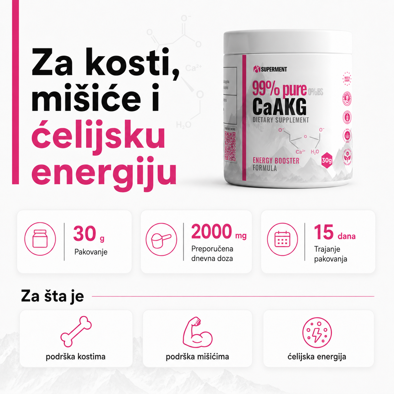 Infografika na kojoj je prikazana teglica CaAKG i osnovne informacije kao sto su koliko ima kapsula, doziranje, koliko dana traje i za sta se koristi.