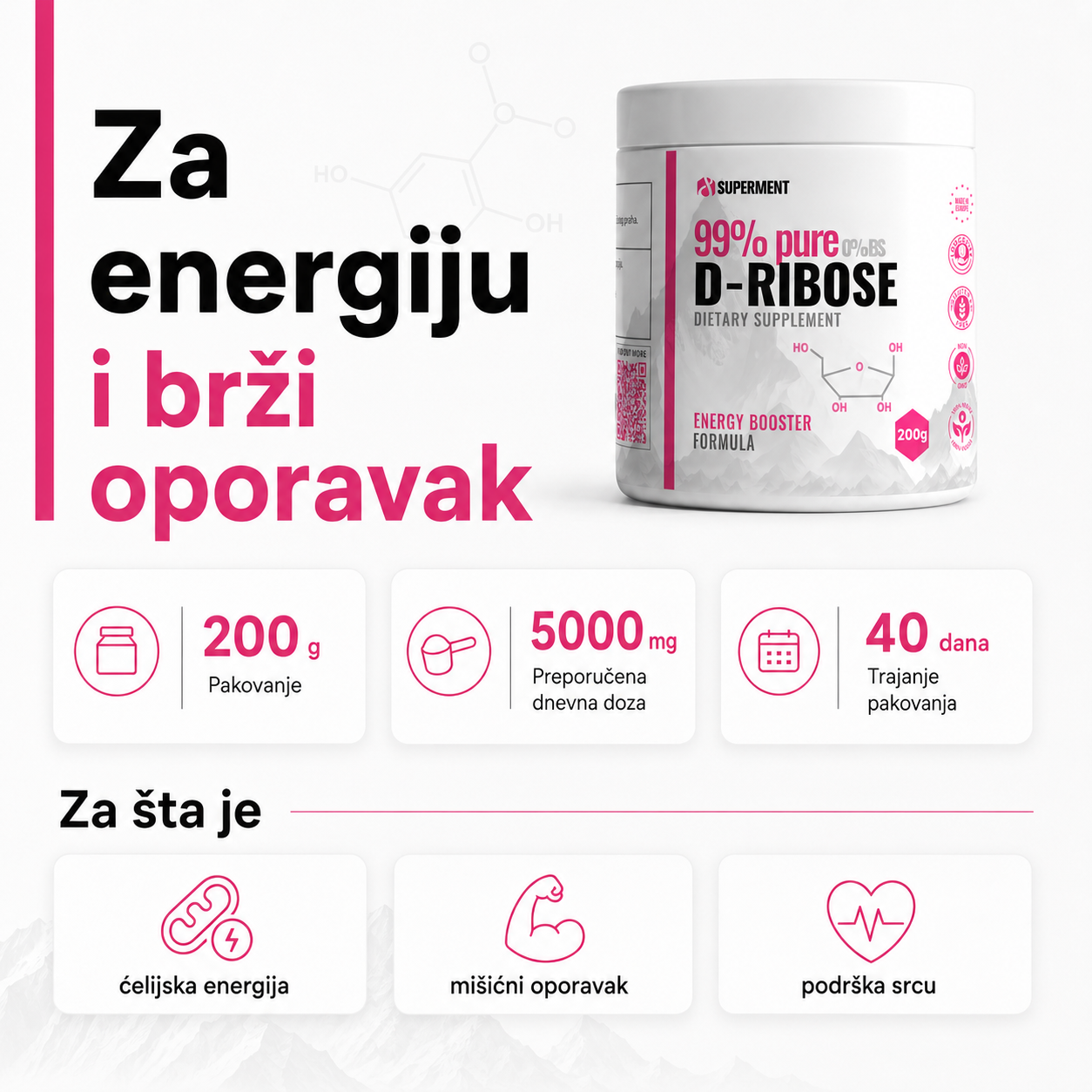 Infografika na kojoj je prikazana teglica D Riboza i osnovne informacije kao sto su koliko ima kapsula, doziranje, koliko dana traje i za sta se koristi.