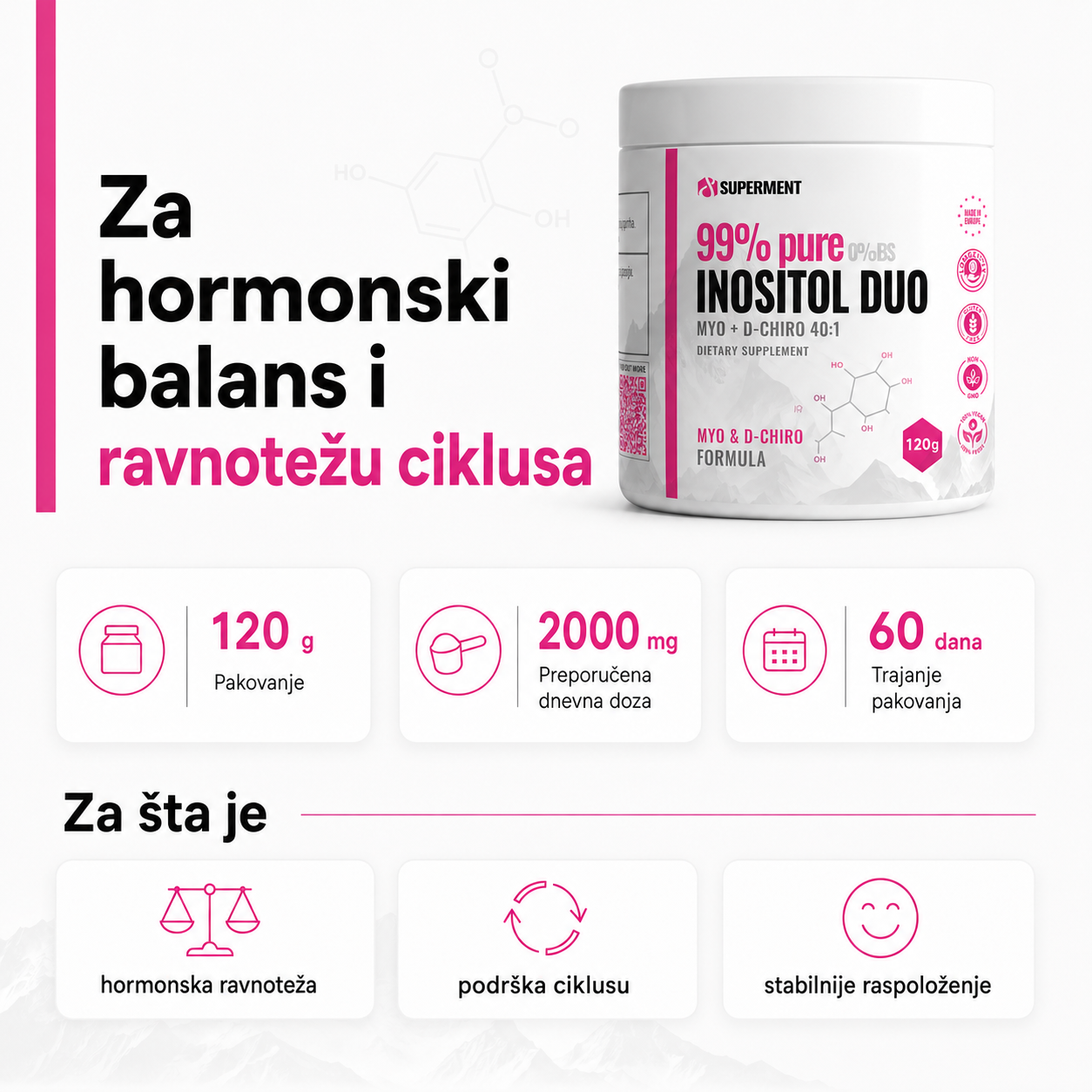 Infografika na kojoj je prikazana teglica Inositol DUO i osnovne informacije kao sto su koliko ima kapsula, doziranje, koliko dana traje i za sta se koristi.