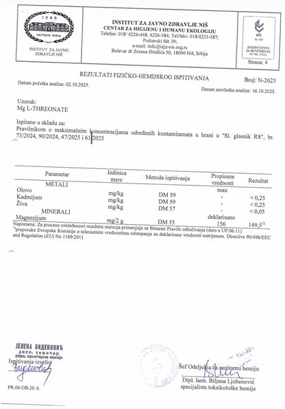 Magnezijum Treonat teski metali analiza labaratorijska COA