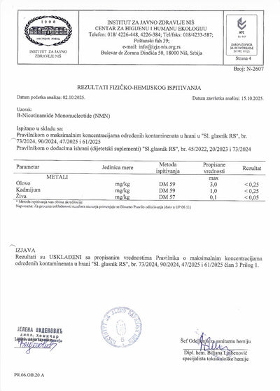 NMN Lab Tested Labaratorijska analiza teski metali
