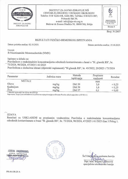 NMN Lab Tested Labaratorijska analiza teski metali
