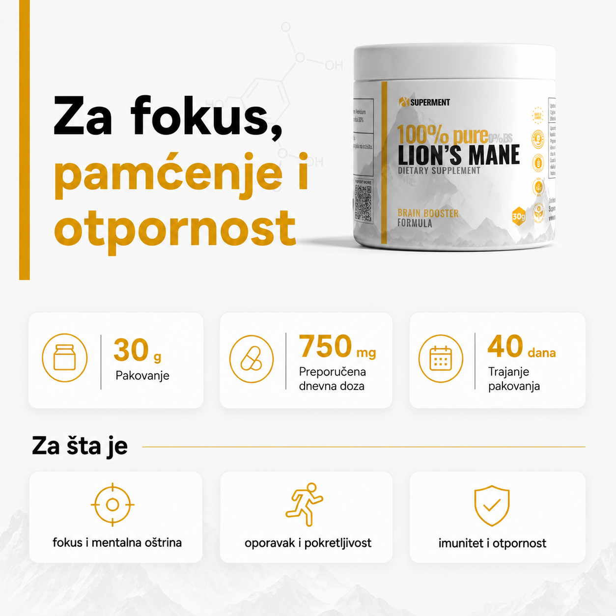 Infografika na kojoj je prikazana teglica Lavlja griva i osnovne informacije kao sto su koliko ima kapsula, doziranje, koliko dana traje i za sta se koristi.