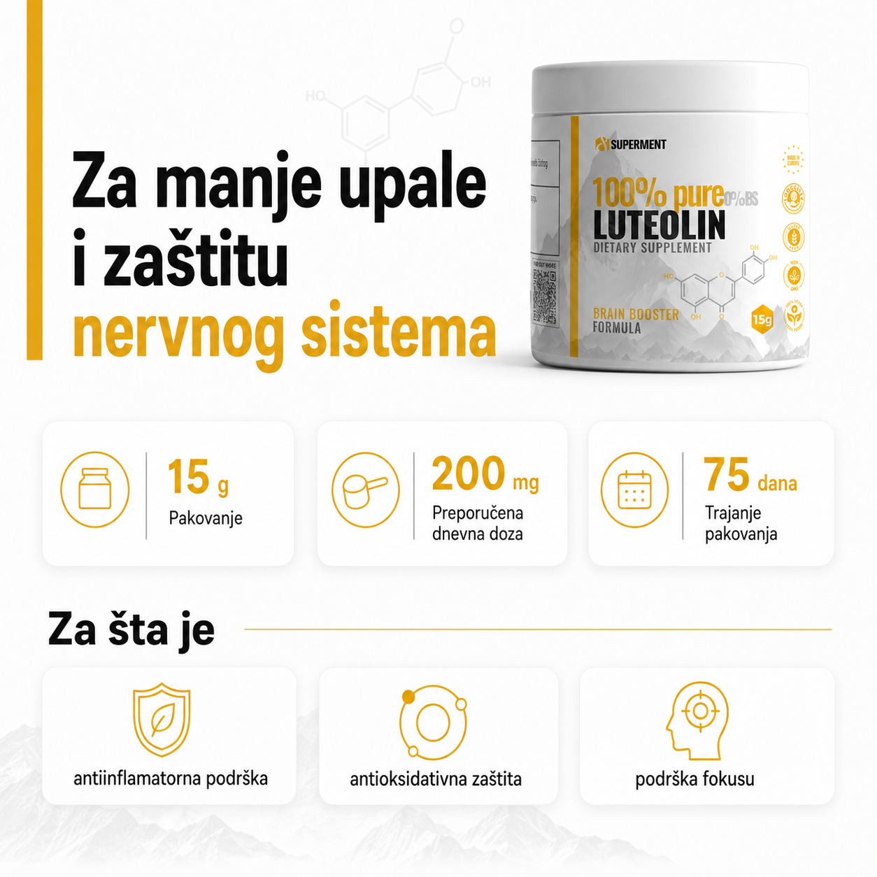 Infografika na kojoj je prikazana teglica luteolina i osnovne informacije kao sto su koliko ima kapsula, doziranje, koliko dana traje i za sta se koristi.