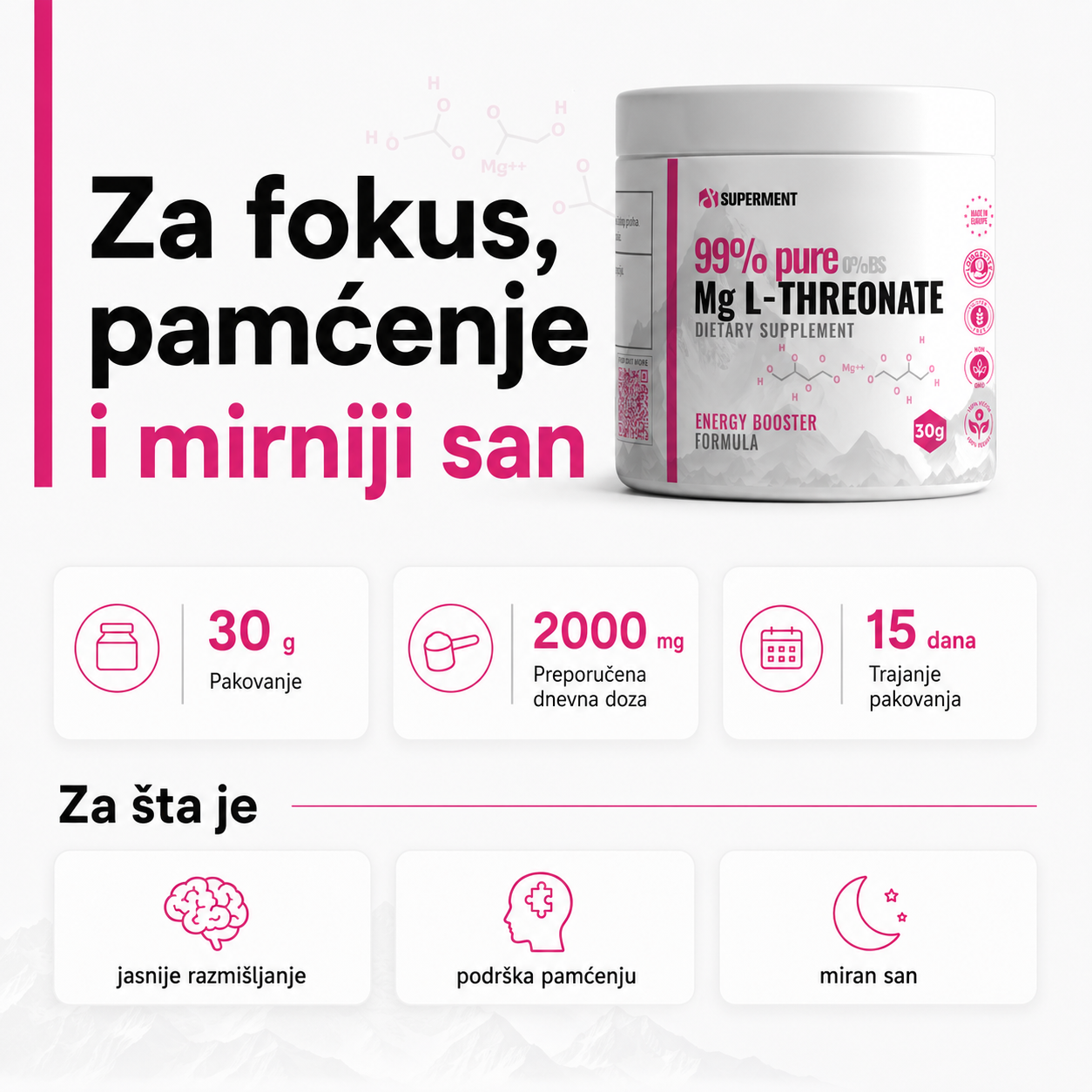 Infografika na kojoj je prikazana teglica magnezijum l treonat i osnovne informacije kao sto su koliko ima kapsula, doziranje, koliko dana traje i za sta se koristi