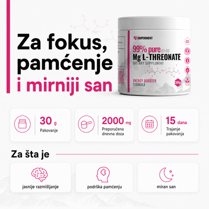 Infografika na kojoj je prikazana teglica magnezijum l treonat i osnovne informacije kao sto su koliko ima kapsula, doziranje, koliko dana traje i za sta se koristi