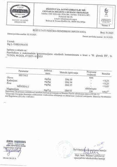 Magnezijum Treonat teski metali analiza labaratorijska COA