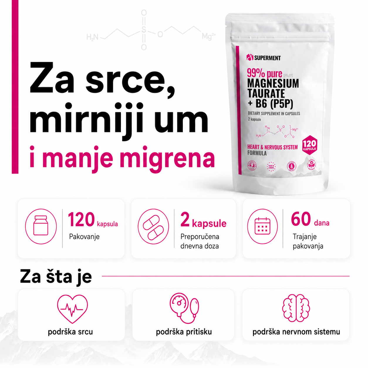 Infografika na kojoj je prikazana kesica magnezijum taurat i osnovne informacije kao sto su koliko ima kapsula, doziranje, koliko dana traje i za sta se koristi.