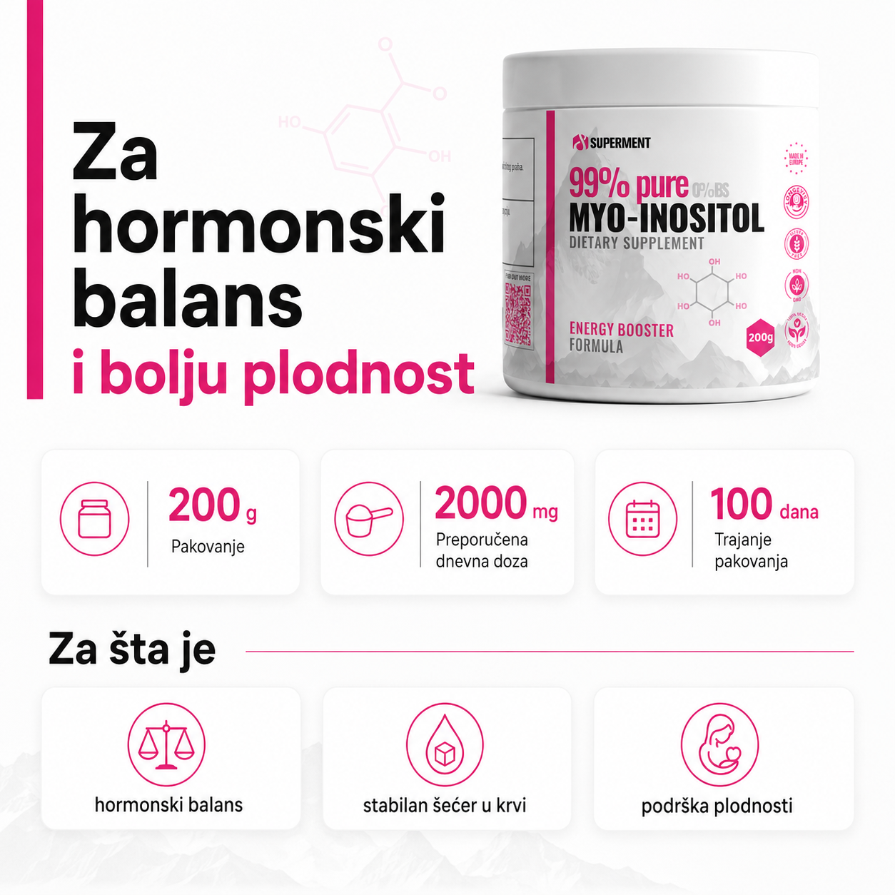 Infografika na kojoj je prikazana teglica mio inositola i osnovne informacije kao sto su koliko ima kapsula, doziranje, koliko dana traje i za sta se koristi.