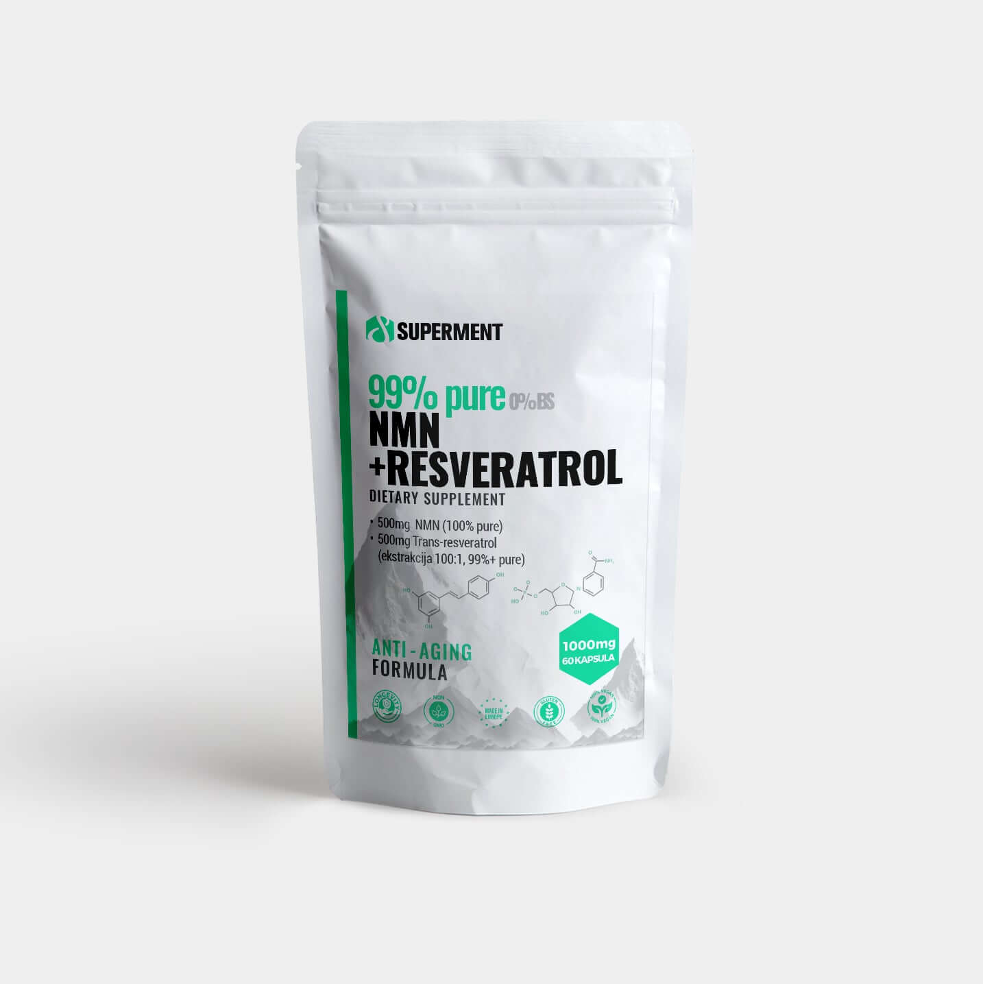 NMN + Resveratrol suplement 99%PURE SUPERMENT 500mg+500mg