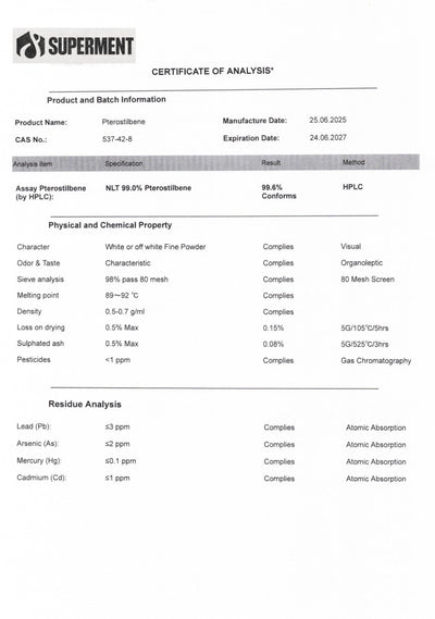 Pterostilben CoA Test Labaratroija Lab Potvrda Labaratorisjki testiran