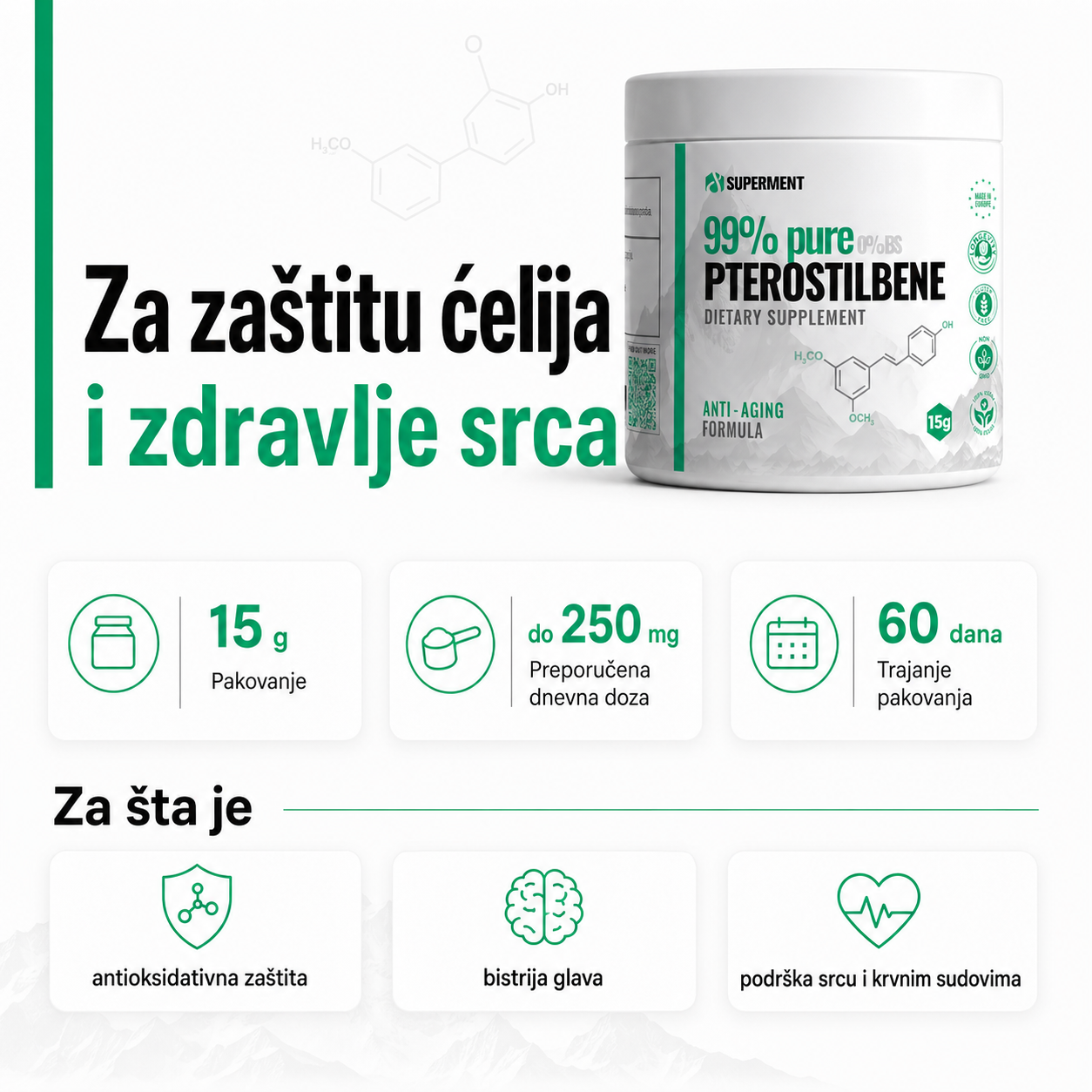Infografika na kojoj je prikazana teglica pterostilbena i osnovne informacije kao sto su koliko ima kapsula, doziranje, koliko dana traje i za sta se koristi.