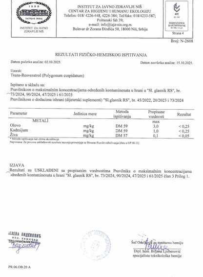 Resveratrol teski metali analiza COA Lab Tested
