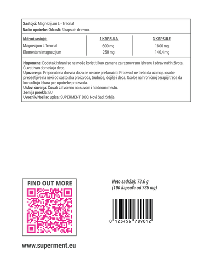Magnezijum treonat (L-threonate) 100x kapsula 600mg