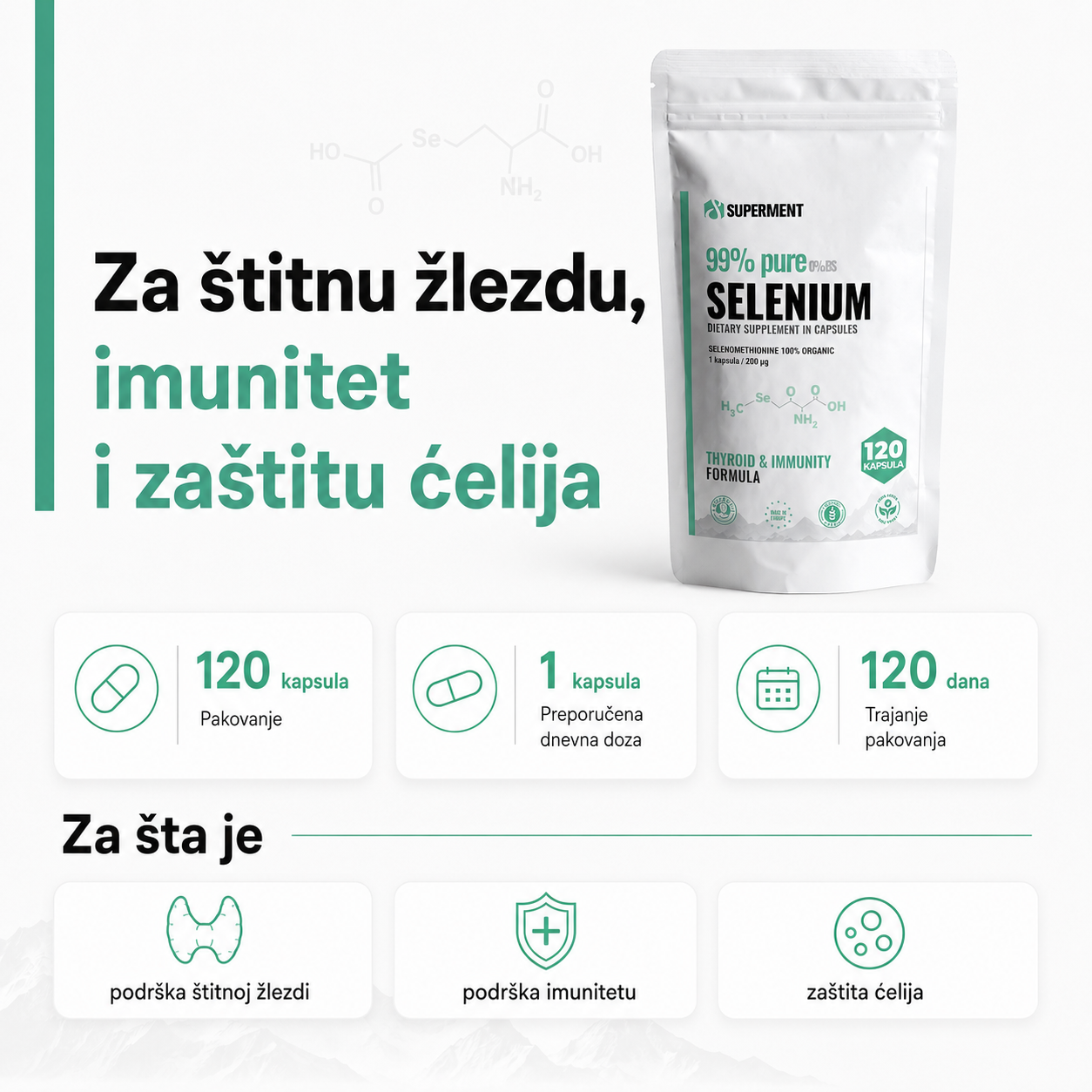 Infografika na kojoj je prikazana kesica Selen i osnovne informacije kao sto su koliko ima kapsula, doziranje, koliko dana traje i za sta se koristi.