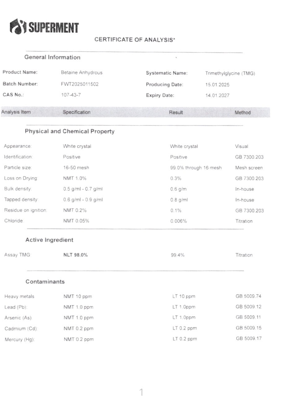 TMG CoA Lab tested certifikat